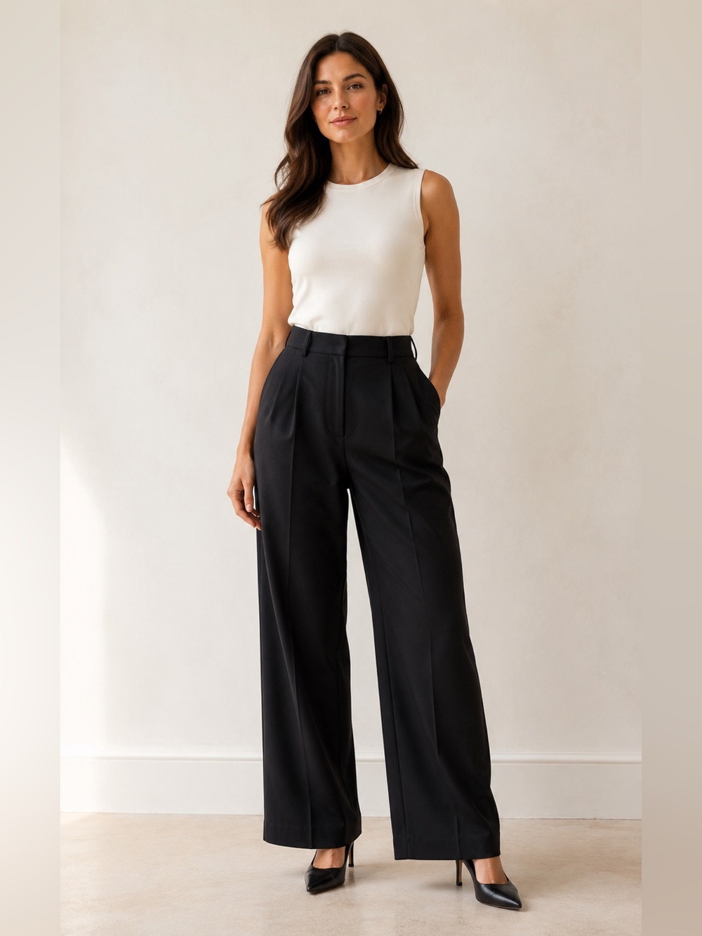 Good American Black High-Rise Wide-Leg Pleated Trousers